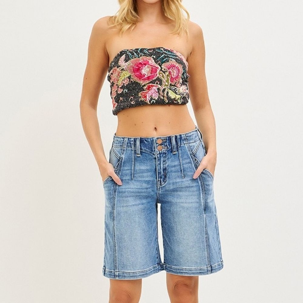 RISEN 2-Button Slouchy Bermuda Long Jean Shorts Pockets sz Small